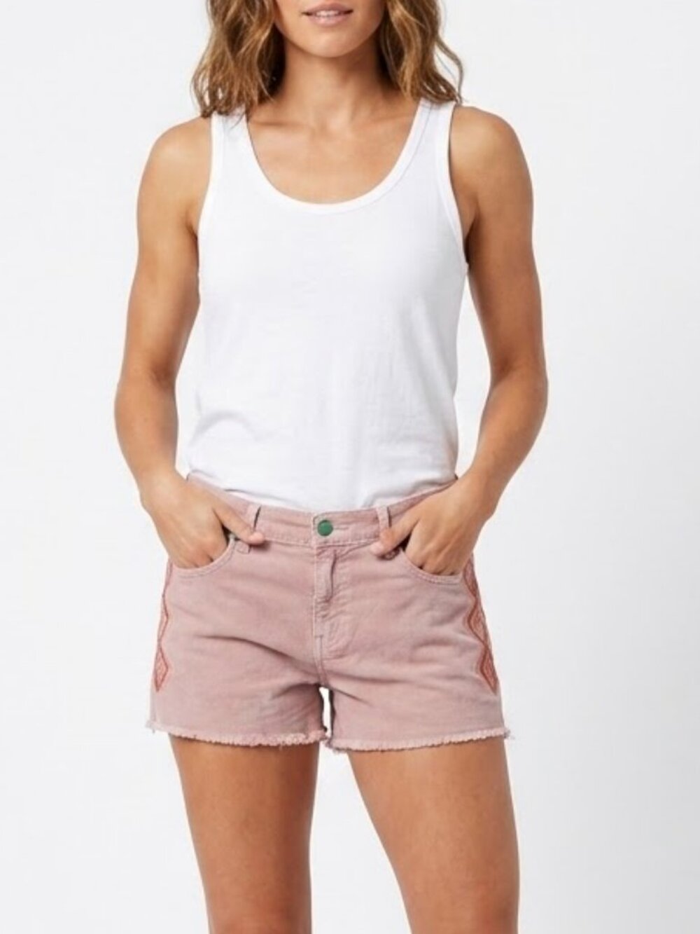 Sandrine Rose x Free People Pink Embroidered Raw Hem Denim Shorts Size 30